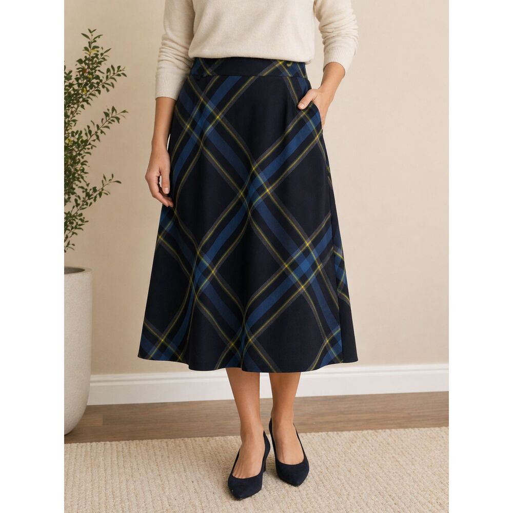 Evan Picone Plaid A-Line Midi Skirt Size 16 Blue Tartan Classic Workwear